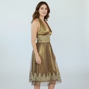 Adrianna Papell Boutique Gold Halter Dress Lace Empire Cocktail Formal 12 Glam